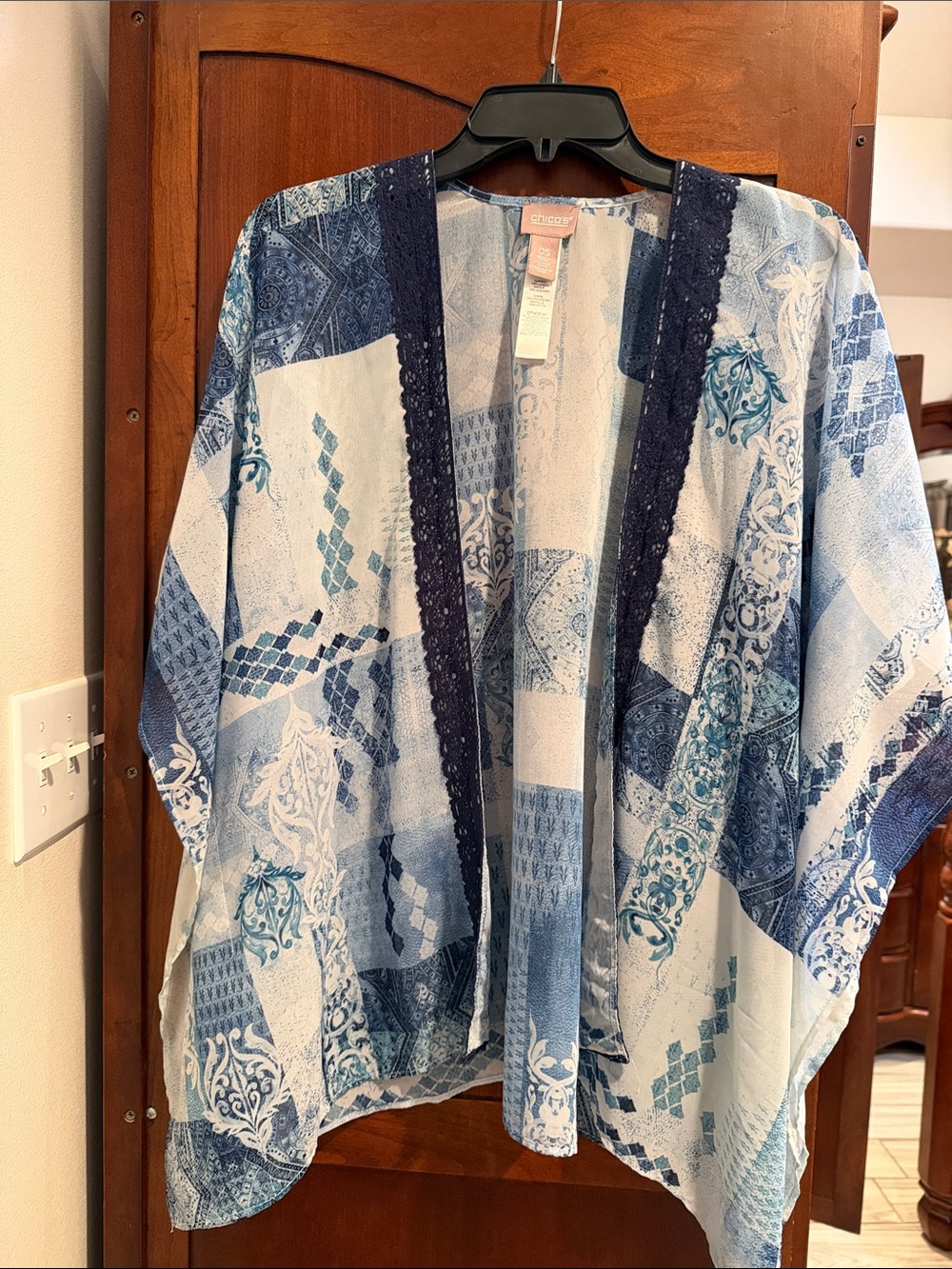 Chico's Blue Patchwork Open-Front Kimono with Navy Trim